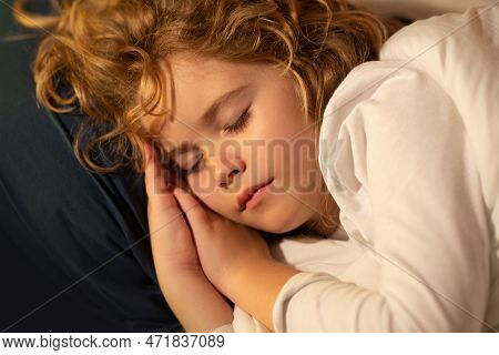 Kid Sleeps Face Close Up. Child Boy Take Nap. Kid Sleeping In Bed. Comfortable Mattress On Bedroom. 