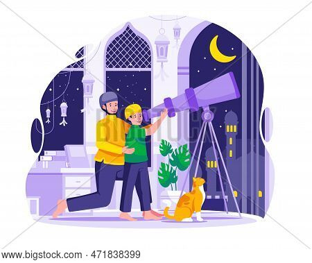 The Father And His Son Are Looking At The Sky With A Telescope For The New Moon Or Hilal That Signal