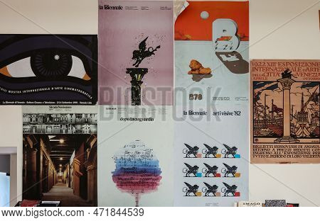 Venice, Italy - September 6, 2022:  59th Venice Art Biennale In Venice. Old Posters Advertising The 