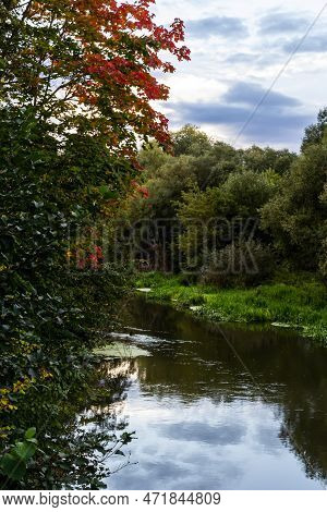 Autumn Foliage Is Reflected In The River. Riverside Environmnet Of Autumn River.