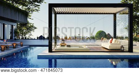 3d Render Of A Bioclimatic Pergola On A Private Outdoor Terrace. Front View Of Black Iron Framed Per