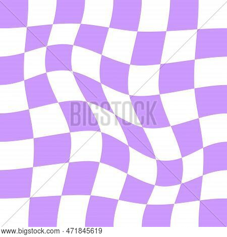 Distorted Chessboard Background. Checkered Optical Illusion. Psychedelic Y2k Pattern With Warped Pur