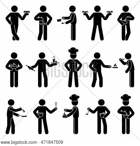 Stick Figure Man, Person, Human With Kitchen Utensils Vector Set. Stickman Male Guy Cooking, Baking,