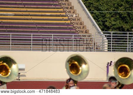 High School Sousaphone Players Up Close On Foot Ball Field