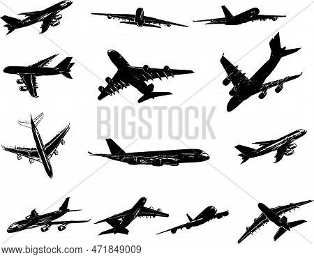 3d  Airplane Set Rendered From Different Angles, Silhouette Set Of  Airplane View From Different Ang