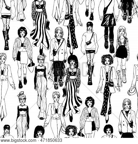 Seamless Pattern. Women In Trendy Clothes. Defile Sketch.
