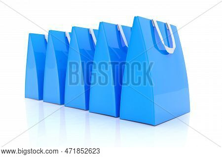 3d Render - Five Blue Shopping Bags Over White Background.