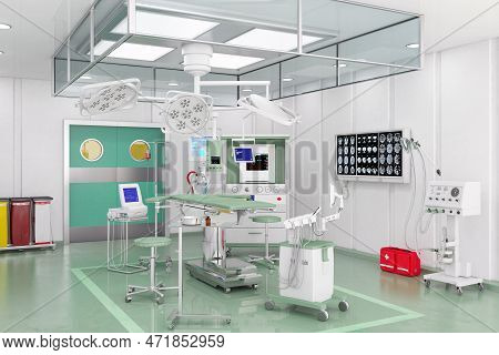 3d Render - Modern Operating Theatre With Video Management System And Ceiling Supply Units.