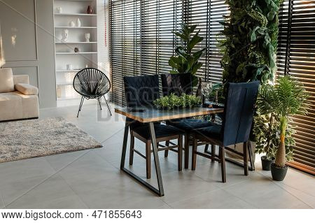 Stylish Apartment Interior With Modern Kitchen. Modern Living Room With Kitchen. Idea For Home Desig