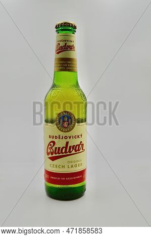 A Closeup Of Budvar Original Czech Lager Against A White Background. Blue Mountains, Nsw, Australia.