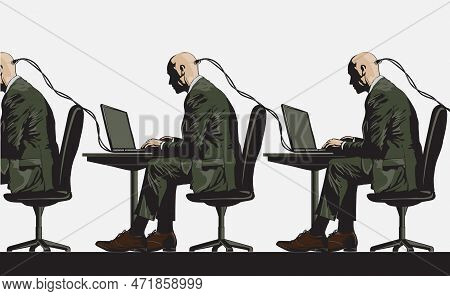 A Businessman In A Business Suit With A Laptop Sits And Controls Another Person. An Endless Chain Of