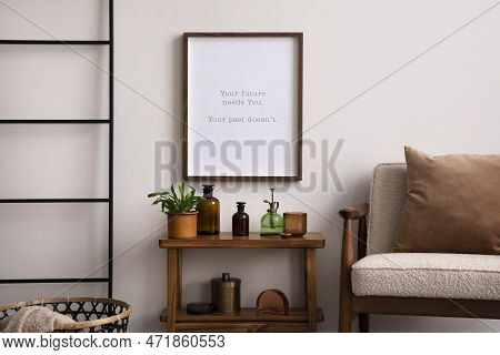Warm And Cozy Interior Of Living Room Interior With Mock Up Poster Frame, Wooden Consola, Boucle Arm