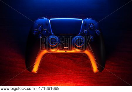 February 28, 2023, Odessa, Ukraine. Black New Playstation 5 Gamepad Dualsense On A Dark Background. 