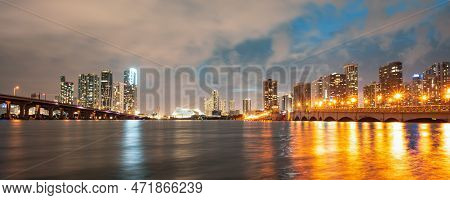 Night Florida Miami City Skyline. Usa Skyscrappers Downtown. Landscape Of Twighlight Town.