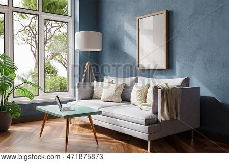 Cozy Living Room Interior In Room Corner; Sunlight Shining Trough Window; Floorlamp And Couch Table 