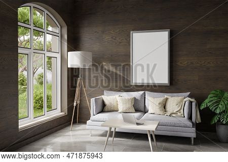Cozy Living Room Interior In Room Corner; Sunlight Shining Trough Window; Floorlamp And Couch Table 