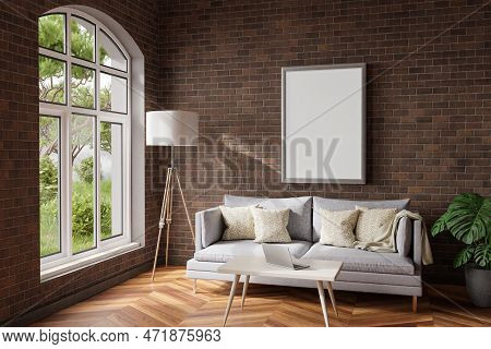 Cozy Living Room Interior In Room Corner; Sunlight Shining Trough Window; Floorlamp And Couch Table 