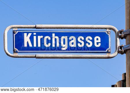 Old Enamel Street Name Sign Kirchgasse - Engl:  Cherry Path - In Wiesbaden, Germany