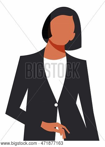 Modern Young Woman In A Black Jacket And White Blouse On A White Background. Stylish Business Woman 