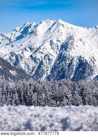 Winter Landscape And Snowy Mountain Piz Esan In Engadine, Switzerland