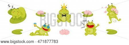 Cute Green Leaping Frog Character Engaged In Different Activity Vector Set