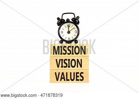 Mission Vision Values Symbol. Concept Words Mission Vision Values On Wooden Blocks On A Beautiful Wh