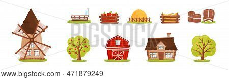 Farm Object With Hay, Flourmill, Fruit In Crate, House, Barrel And Tree Vector Set