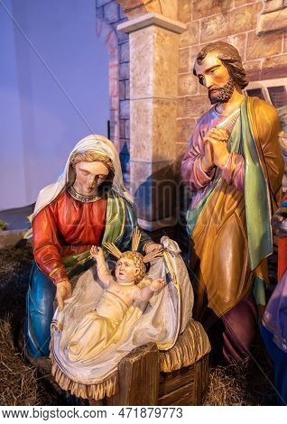 Feldkirch, Austria - January 21, 2022: Figurines Of The Christmas Nativity Scene - Cristmas Cribs In