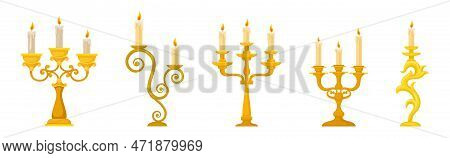 Burning Candles In Candlesticks And Vintage Candle Holders And Candelabrums Vector Set