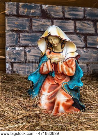Lourdes, France - January 5, 2022: A Figurine Of A Mary In The Christmas Nativiity Scene - Christmas