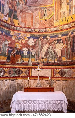 Mustair, Switzerland - September 28, 2021: A Side Chapel In The Carolingian Church Of Mustair With F