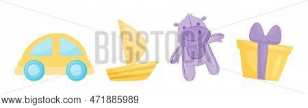 Different Toys For Children To Play With Car, Boat, Stuffed Hippo And Gift Box Vector Set