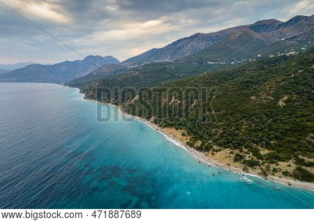 Aerial View Of Green Shore With Huge Rocks By Bunec Beach Area In Summer 2022, Albania