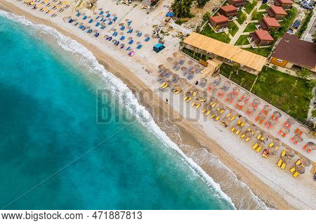 Aerial View Of Bunec Beach Area With Beach Umbrellas In Summer 2022, Albania