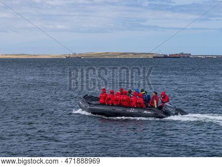Port Stanley - Falkland Islands: 31 January 2023: Passengers From Silversea Antarctic Cruise Taking 