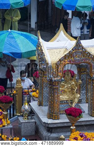 Bangkok, Thailand- 15 Feb, 2023: People Visit To Erawan Shrine To Pray For Luck And Fortune. Erawan 