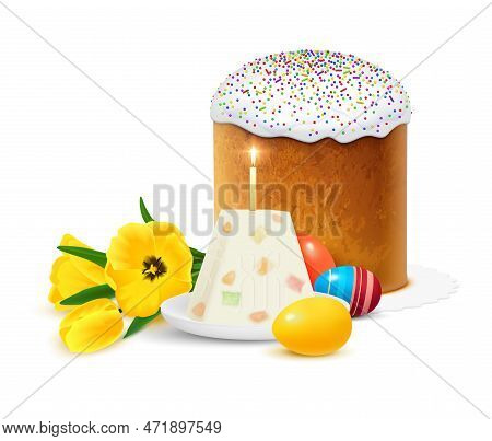 Eastern Orthodox Easter Realistic Composition With Traditional Sweet Cake Paskha Dyed Eggs And Sprin