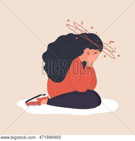 Iron Deficiency Anemia. Sad Woman With Headache Sitting On Floor. Unhappy Girl Suffers From Vertigo 