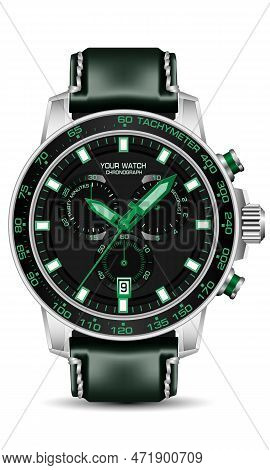 Realistic Silver Black Watch Chronograph Grey Face Green Leather Strap On White Backgrounddesign For