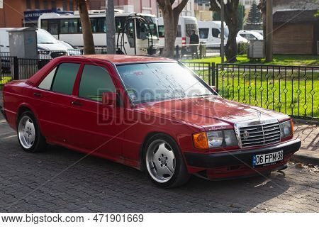 Side, Turkey -january 23, 2023:  Red Mercedes-benz  190d,   Front View.  Old Retro  Sedan Made In  G