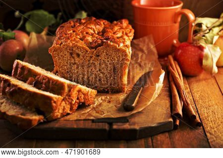 Apple Bread Rustic Style With Freshy Picked Apples And Cinnamon, Fall Baking Concept