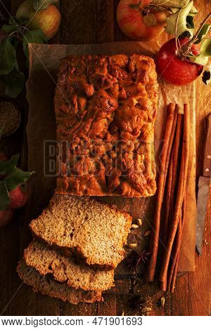 Apple Bread Rustic Style With Freshy Picked Apples And Cinnamon, Fall Baking Concept Overhead Shot