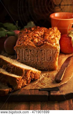 Apple Bread Rustic Style With Freshy Picked Apples And Cinnamon, Fall Baking Concept