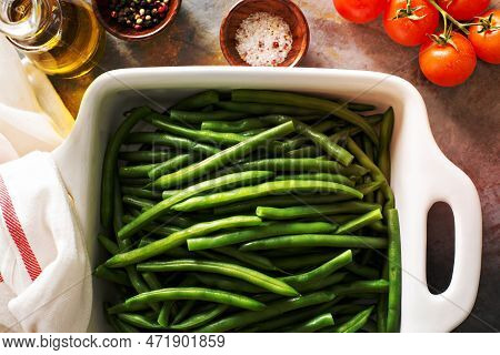 Blanched Green Beans In A Baking Dish, Healthy Side Dish
