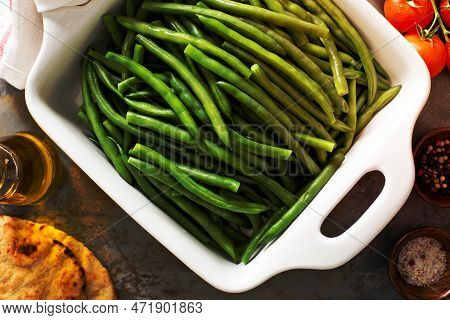 Blanched Green Beans In A Baking Dish, Healthy Side Dish