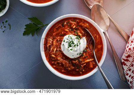 Cabbage Roll And Tomato Soup With Ground Beef And Rice, Polish Or Ukrainian Recipe