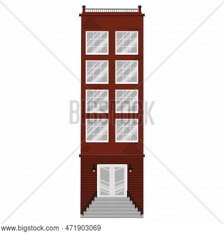 Vector Front View Of A Symmetrically Four-storey Building With Stairs, Railings, Doors And Windows A