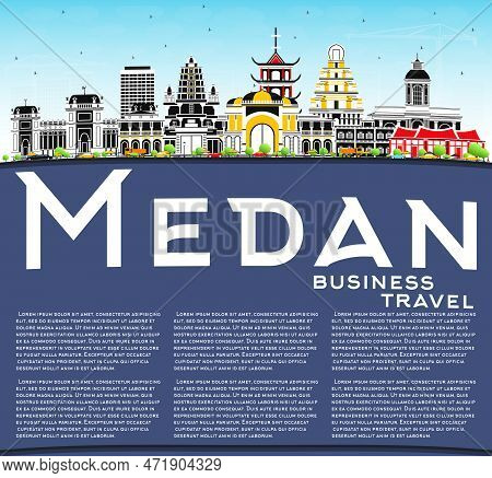Medan Indonesia City Skyline With Color Buildings, Blue Sky And Copy Space. Vector Illustration. Bus