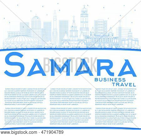 Outline Samara Russia City Skyline With Blue Buildings And Copy Space. Vector Illustration. Business