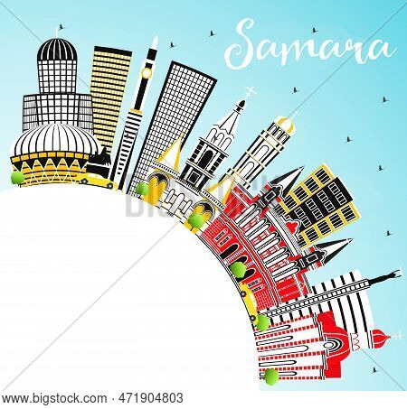 Samara Russia City Skyline With Color Buildings, Blue Sky And Copy Space. Vector Illustration. Busin